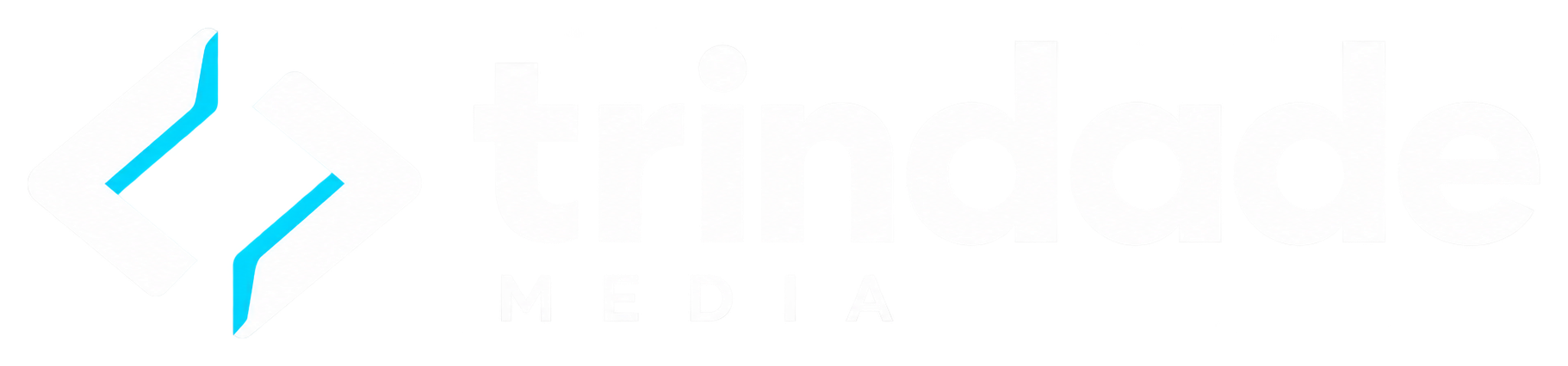 Símbolo angular branco e ciano inspirado em código ao lado do nome trindade media.