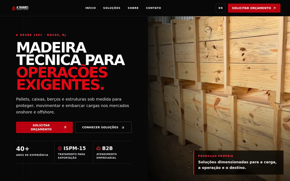 A. Tavares Madeira website with industrial wood crates and bold red typography.