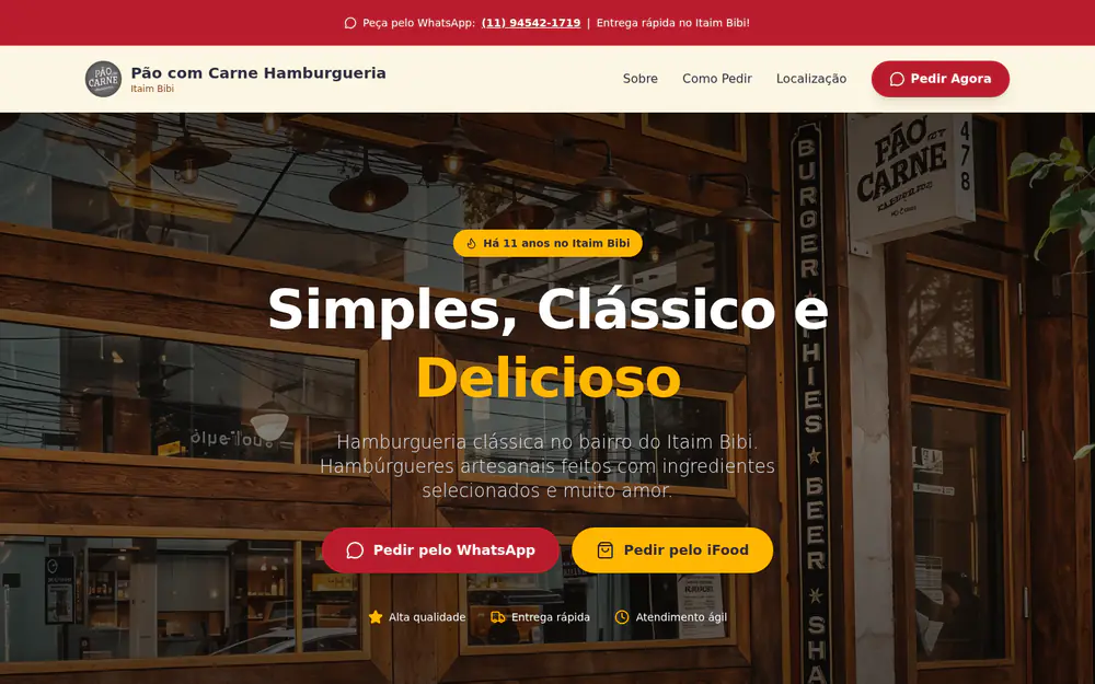Pão com Carne website showing its restaurant and burger ordering options.