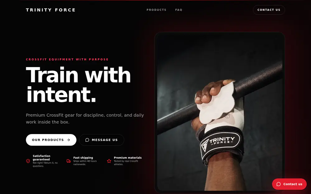 Trinity Force website with a close-up of CrossFit training grips.