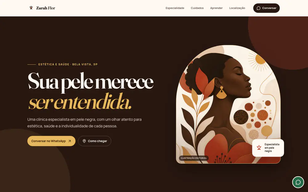 Zarah Flor website with illustrated portrait and warm editorial colors.